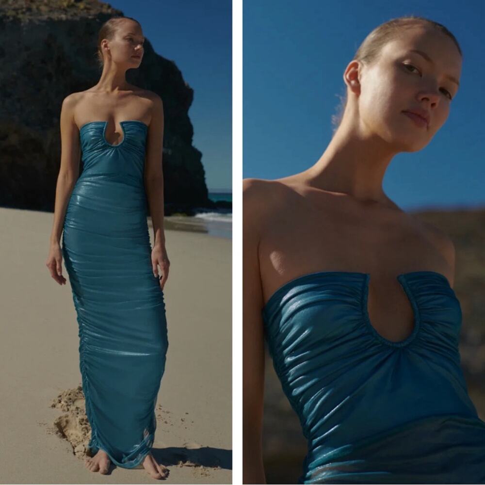BAOBAB Magalenha Metallic Ruched Strapless Bodycon Sea Blue Maxi Dress Size M